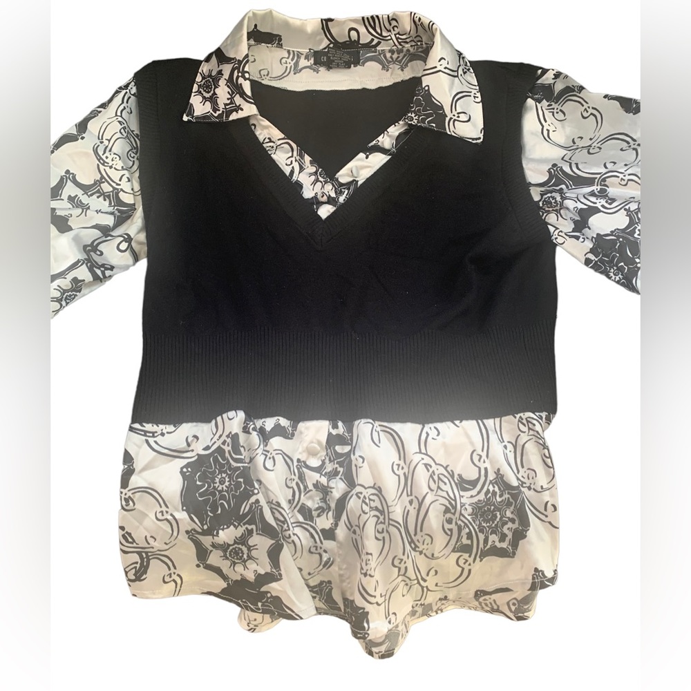 Black &White Twofer sweater blouse combo top collared shirt sz L juniors